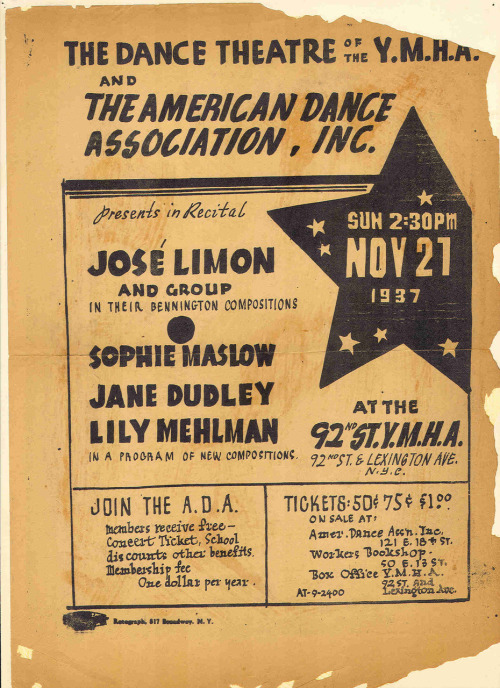 A 1937 flyer promoting at performance of José Limón at the 92nd Street Y